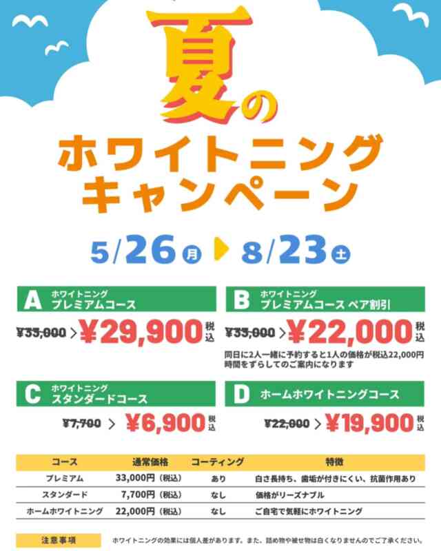 .
こんにちは😃
中央歯科医院です🦷🪥

✨ホワイトニングキャンペーンのご紹介✨

【5/26〜8/23】限定で割引価格でホワイトニングができるようになります！

2名様でのご予約の場合、機械が一台のため時間をずらしてのご案内になりますのでご了承ください🙇‍♀️

ホワイトニングをする際、歯の表面に歯石等がありますとホワイトニングの効果が得られません。
歯石除去を済ませてからのホワイトニングをおすすめしてます！

施術は2階で行っております🦷
ご予約の際、どのコースにするかお伝え下さい。
また、歯石除去もご希望もございましたら一緒にお伝えお願いします。

【所要時間】
※歯石除去→1時間
※ホワイトニング→1時間　　
※歯石除去、ホワイトニングを1日でやりたい方→2時間　となってます。

#福島県　#いわき　#植田　#駅近　#中央歯科医院　
#歯科医院　#一般歯科　#予防歯科　#審美歯科　
#ホワイトニング　#インプラント　#セラミック　
#ジルコニア　#保険内診療　#自費診療　#歯周病　
#白い歯　#痛くない治療　#フッ素塗布
#スタッフ募集中　#歯科衛生士